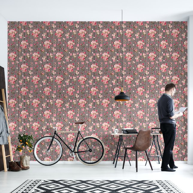 Pink Coquette Bow  Vintage Roses Black Stripes Wallpaper (Living Room)