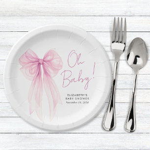 Pink Coquette Bow Watercolor Baby Girl Shower Paper Plate
