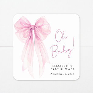 Pink Coquette Bow Watercolor Baby Girl Shower Square Sticker