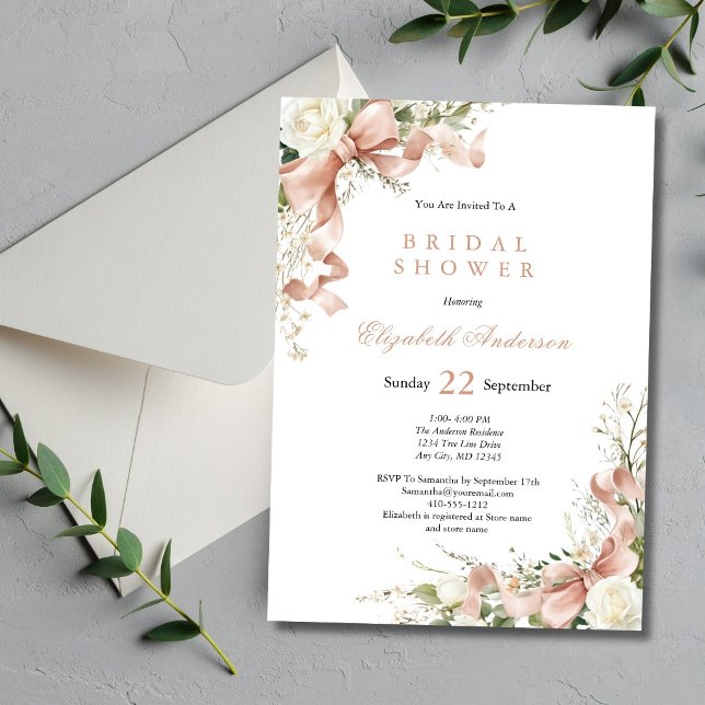 Pink Coquette Bow Watercolor Floral Bridal Shower Invitation (Pink Coquette Bow, White Florals Bridal Shower invitation. Printed or Digital)
