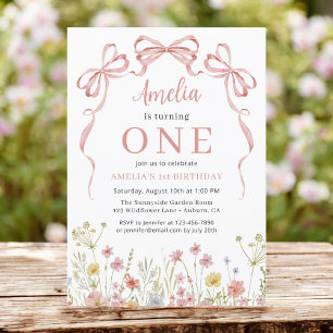 Pink Coquette Bow Wildflower 1st Birthday Girl's Invitation