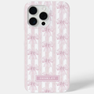 Pink Coquette Bows on Stripes Monogrammed iPhone 15 Pro Max Case