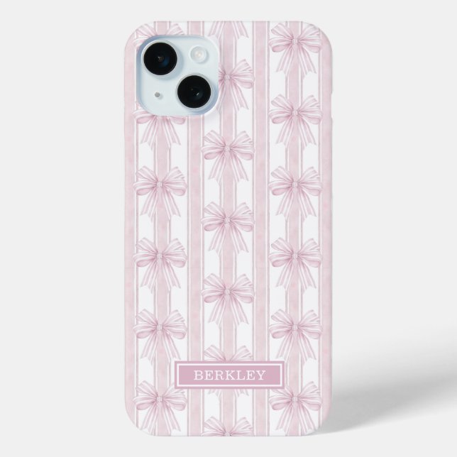 Pink Coquette Bows on Stripes Monogrammed Case-Mate iPhone Case (Back)