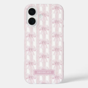 Pink Coquette Bows on Stripes Monogrammed iPhone 16 Case