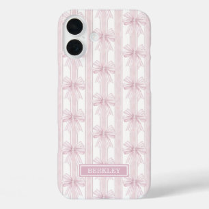 Pink Coquette Bows on Stripes Monogrammed iPhone 16 Plus Case
