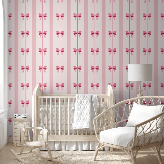 Pink Coquette Bows Stripe Peel and Stick Wallpaper (Kids)