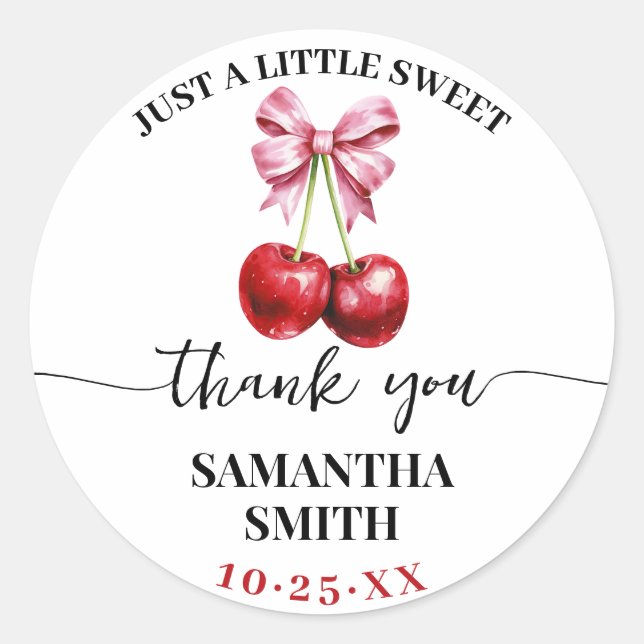 Pink Coquette Cherry Baby Shower Party Favour Classic Round Sticker (Front)