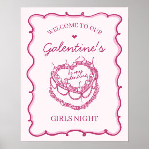 Pink Coquette Cherry Cake Galentines Party Welcome Poster