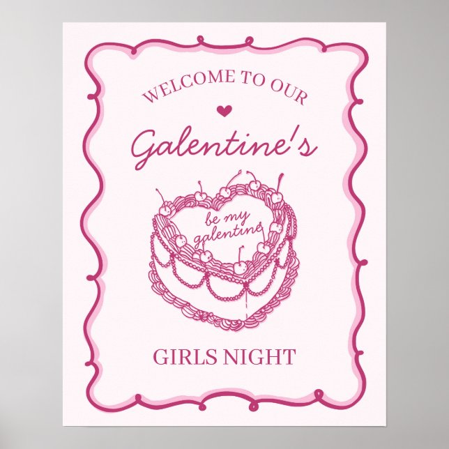 Pink Coquette Cherry Cake Galentines Party Welcome Poster (Front)