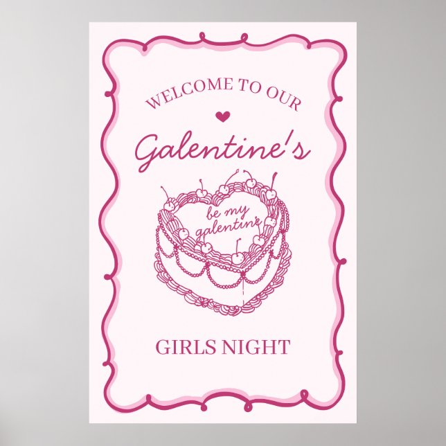 Pink Coquette Cherry Cake Galentines Party Welcome Poster (Front)