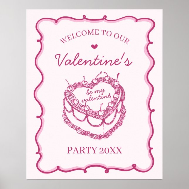 Pink Coquette Cherry Cake Valentines Party Welcome Poster (Front)