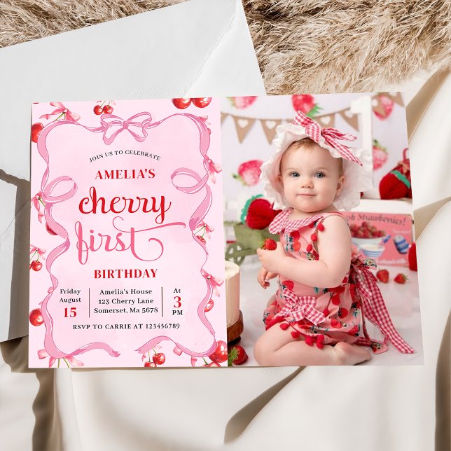 Pink Coquette Cherry First Birthday Photo Invitation (Creator Uploaded)