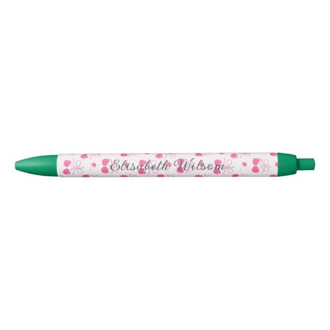 Pink Coquette Cherry with bows Monogram Black Ink Pen (Front)