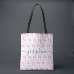 Pink coquette cute bow ribbons personalised tote bag<br><div class="desc">Add a touch of girly charm to your everyday essentials with this pink coquette-style tote bag, featuring a playful all-over print of hand-drawn bow ribbons. Designed for fashion-forward individuals who adore the soft, sweet aesthetic, this tote is both practical and pretty. Fully customisable with your name or monogram, it's perfect...</div>