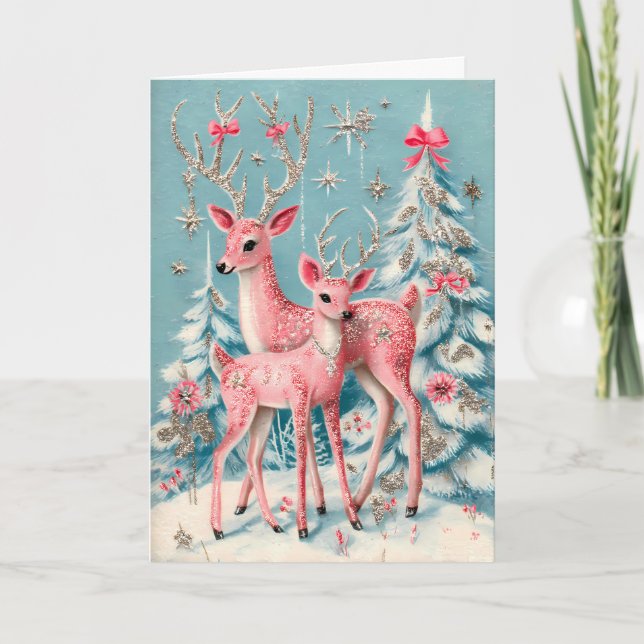 Pink Coquette Deer Vintage Christmas  Card (Front)