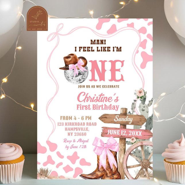 Pink Coquette Disco Cowgirl Like One 1st Birthday Invitation (Creator Uploaded)