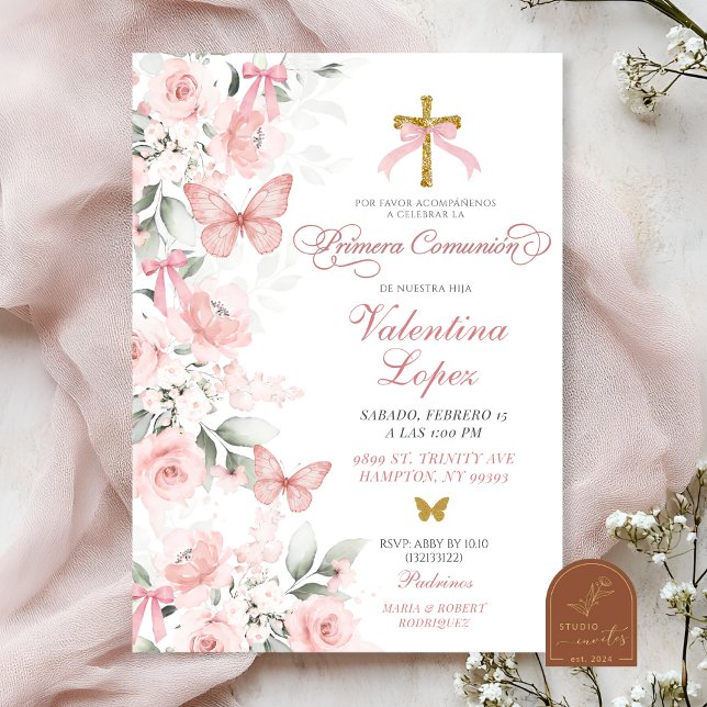 Pink Coquette Floral Butterfly First Communion Invitation (Creator Uploaded)