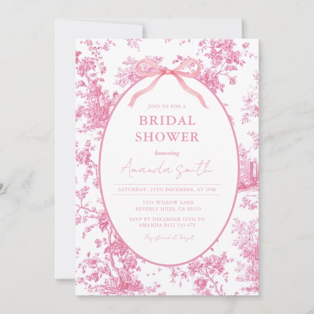 Pink Coquette Floral Toile Bridal Shower Invitation (Front)