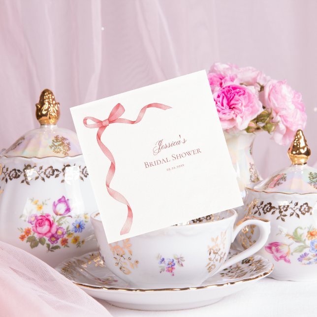 Pink Coquette French Ribbon Bow Bridal Shower Napkin (Creator Uploaded)