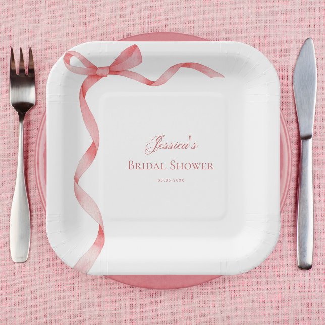 Pink Coquette French Ribbon Bow Bridal Shower Paper Plate (Creator Uploaded)