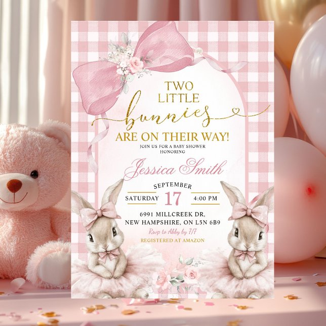 Pink Coquette Gingham Twin Bunnies Baby Shower Invitation (Creator Uploaded)