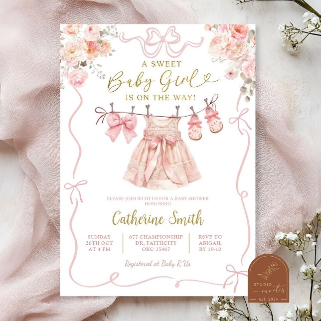 Pink Coquette Girl Baby Clothes Baby Shower Invitation (Creator Uploaded)