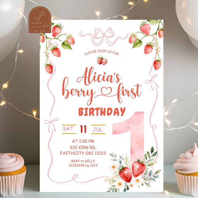 Pink Coquette Girl Berry Sweet First Birthday Invitation (Creator Uploaded)