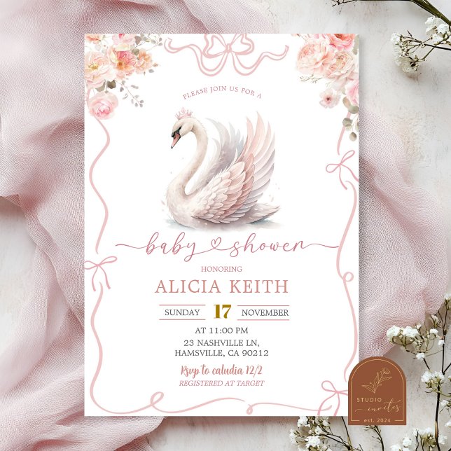 Pink Coquette Girl Crowned Swan Invitation (Creator Uploaded)