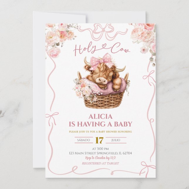 Pink Coquette Girl Highland Cow Baby Shower Invitation (Front)