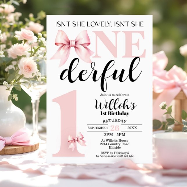 Pink Coquette Isn't She Onederful Birthday Invitation (Isn't She Lovely, Isn't She Onederful Pink Bow 1st Birthday Invitation. Trendy Coquette Party theme)