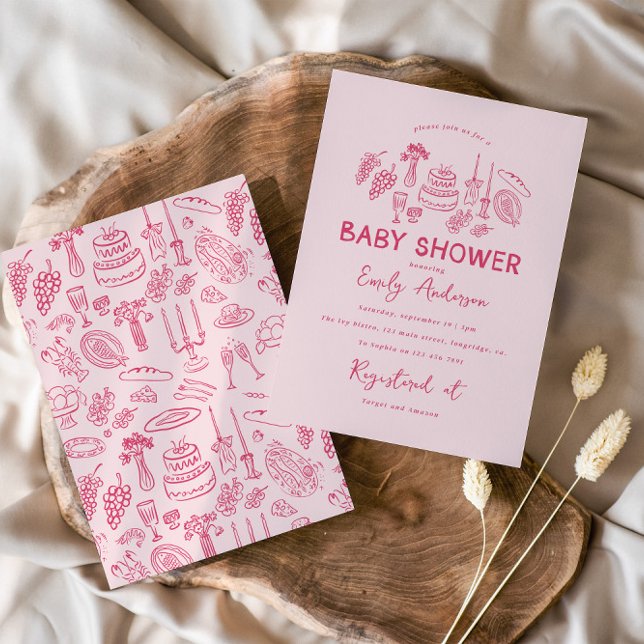 Pink coquette modern hand drawn baby shower invitation (Creator Uploaded)