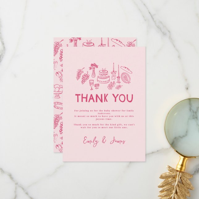 Pink coquette modern hand drawn Thank You (Front/Back In Situ)