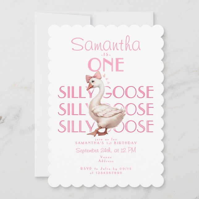 Pink Coquette One Silly Goose Girl 1st Birthday Invitation (Front)
