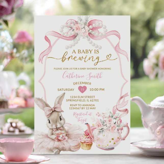 Pink Coquette Pearl Brewing Bunny Girl Baby Shower Invitation (Creator Uploaded)