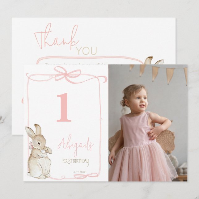 Pink Coquette Peter the Rabbit 1st First Birthday Thank You Card (Front/Back)