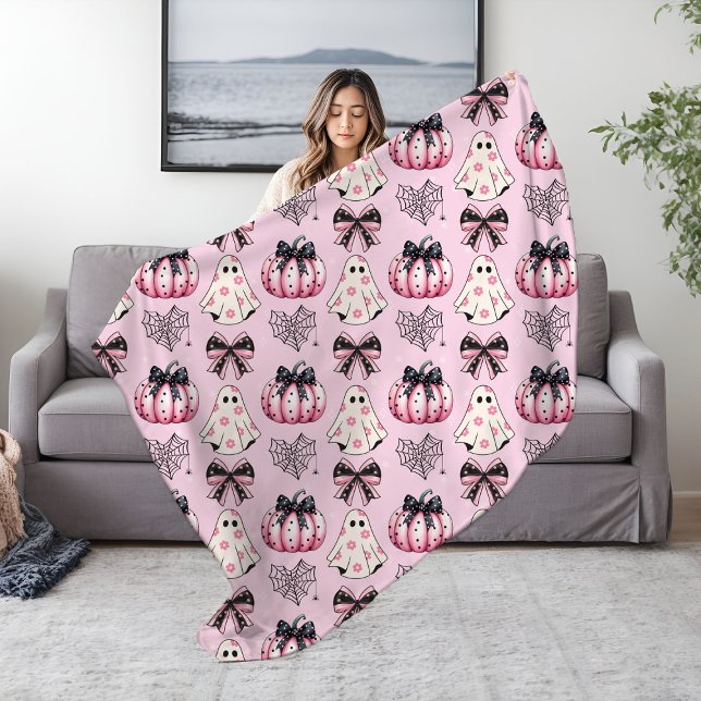 Pink Coquette Pumpkin Ghosts Halloween Pattern  Fleece Blanket (Creator Uploaded)
