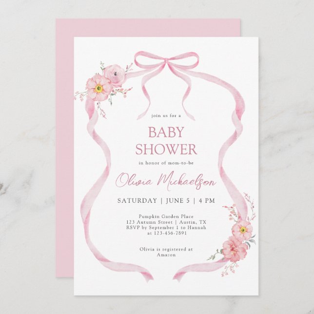 Pink Coquette Ribbon Bow Floral Girl Baby Shower Invitation (Front/Back)