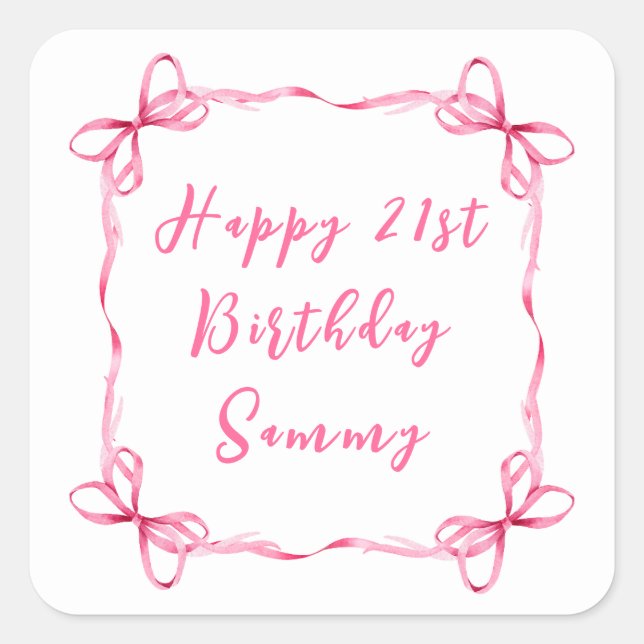 Pink Coquette Ribbon Happy Birthday Square Sticker (Front)