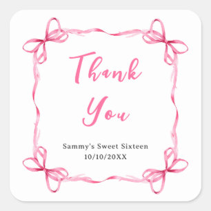 Pink Coquette Ribbon Sweet Sixteen Thank You Square Sticker