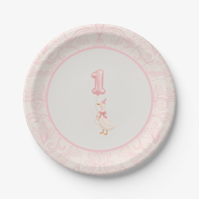 Pink Coquette Silly Goose 1st Birthday  Paper Plate (Front)