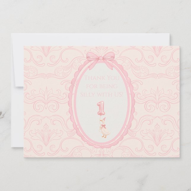 Pink Coquette Silly Goose 1st Birthday  Thank You Card (Front)
