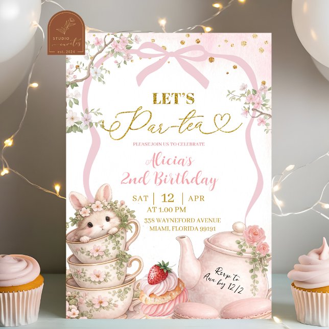 Pink Coquette Spring Bunny Tea Par Tea Birthday Invitation (Creator Uploaded)