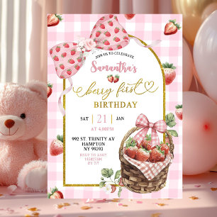 Pink Coquette Strawberry Gingham First Birthday Invitation
