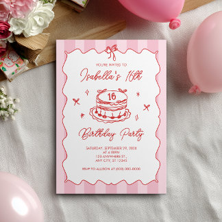 Pink Coquette Striped Vintage Bow 16th Birthday Invitation