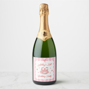 Pink Coquette Striped Vintage Hand Drawn Birthday Sparkling Wine Label