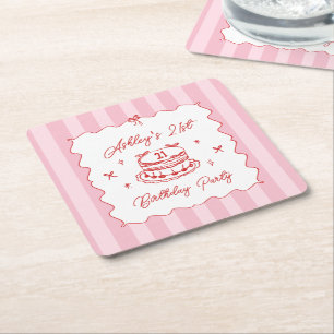 Pink Coquette Striped Vintage Hand Drawn Birthday Square Paper Coaster
