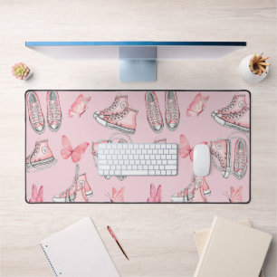 Pink Coquette Style High Top Gym Shoes and Flowers Desk Mat