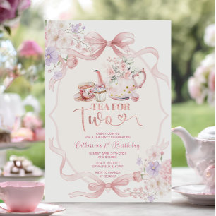 Pink Coquette Tea For Two Floral Girl 2nd Birthday Invitation
