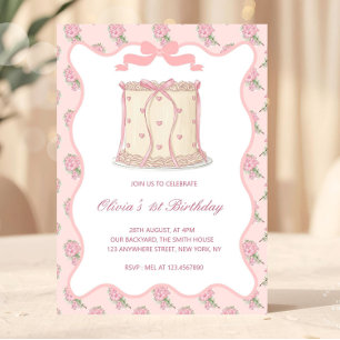 Pink Coquette Vintage Cake Bows Birthday Invitation