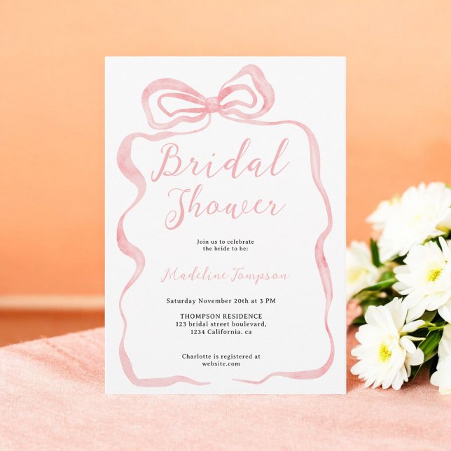 Pink Coquette Watercolor Bow Bridal Shower  Invitation (Pink Coquette Watercolor Bow Bridal Shower Invitation)